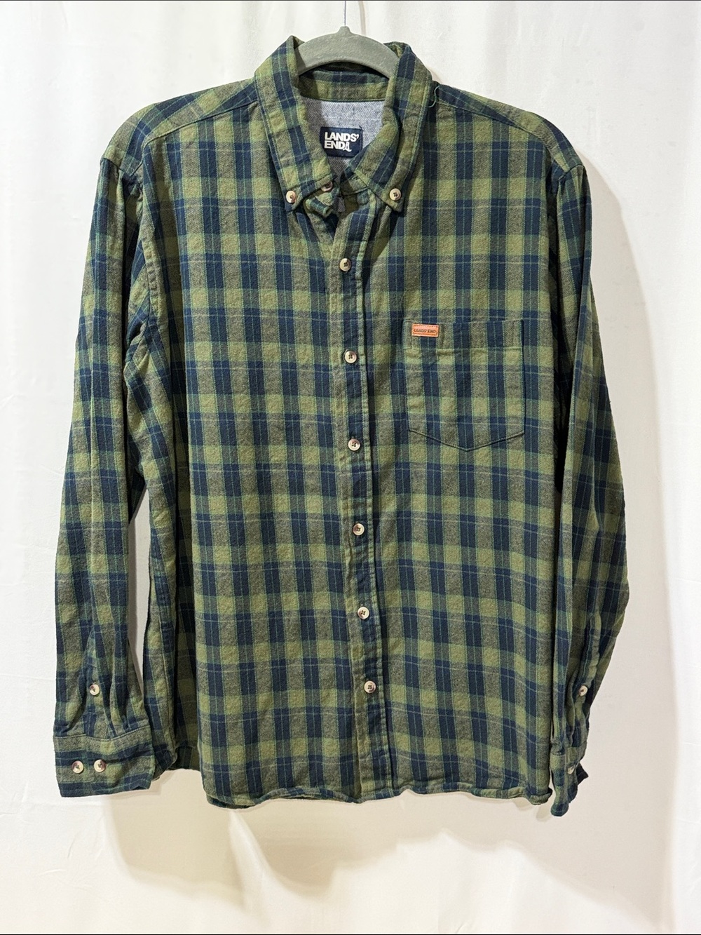 Lands' End Men's Olive and Navy Plaid Button-Down Shirt